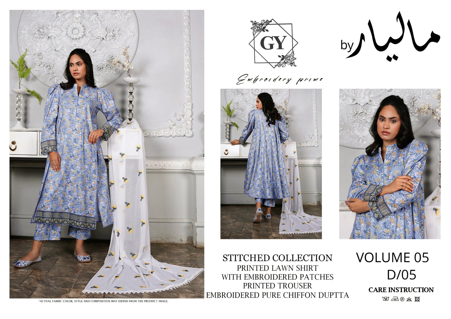 Un-stitched 3-piece embroidered lawn By Gulzar Yousaf Volume 05-code D/05(powder blue)