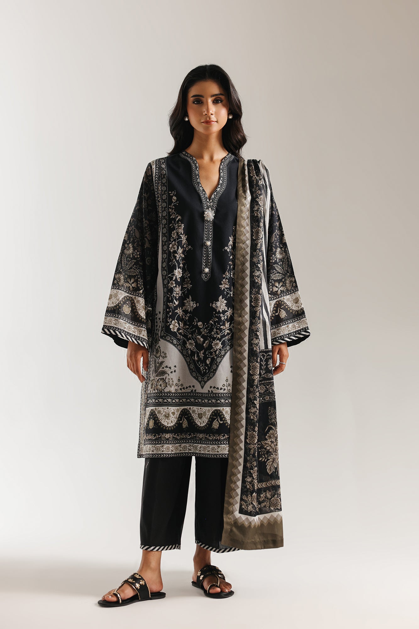ETHNC -UNSTITCHED - 3 PIECE- PRINTED SUIT- JET BLACK