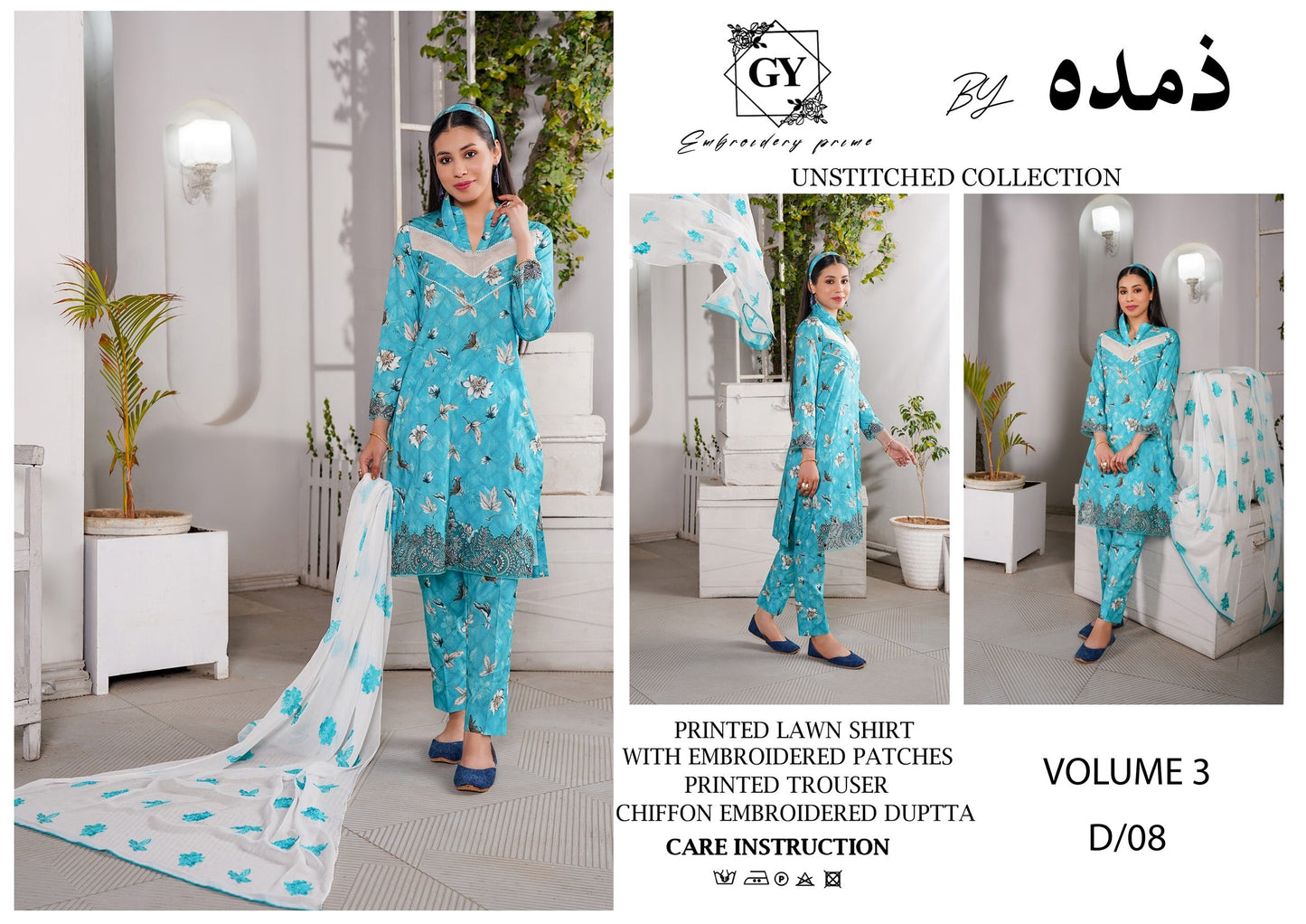 Un - stitched 3 - piece embroidered lawn By Gulzar Yousaf Volume 03 - code D/08(turquoise - blue) - Bristy's Collection