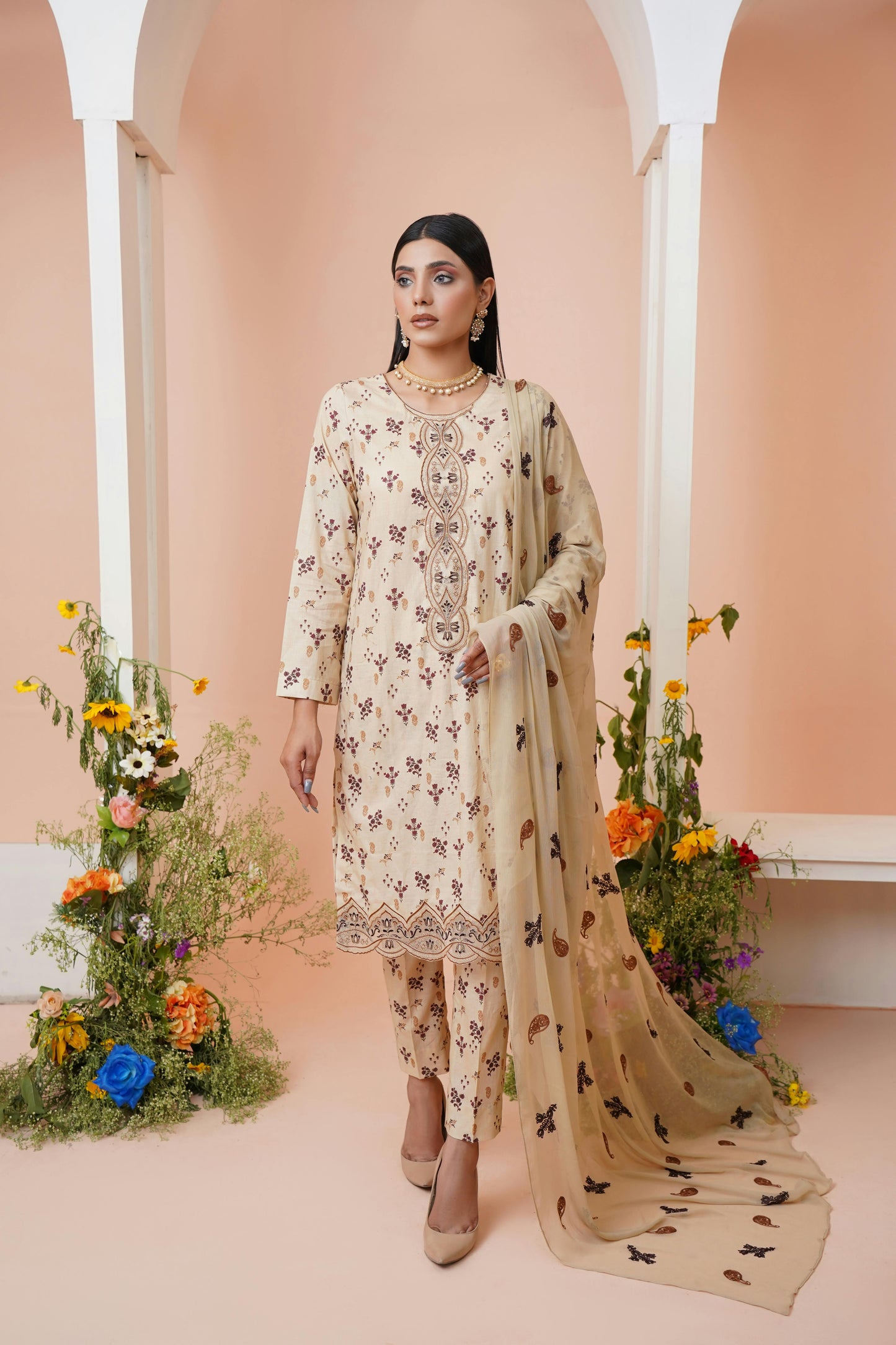 Un - stitched 3 - piece embroidered lawn (Collection: Pamir) By Gulzar Yousaf 04 - D/08 (Ivory beige) - Bristy's Collection
