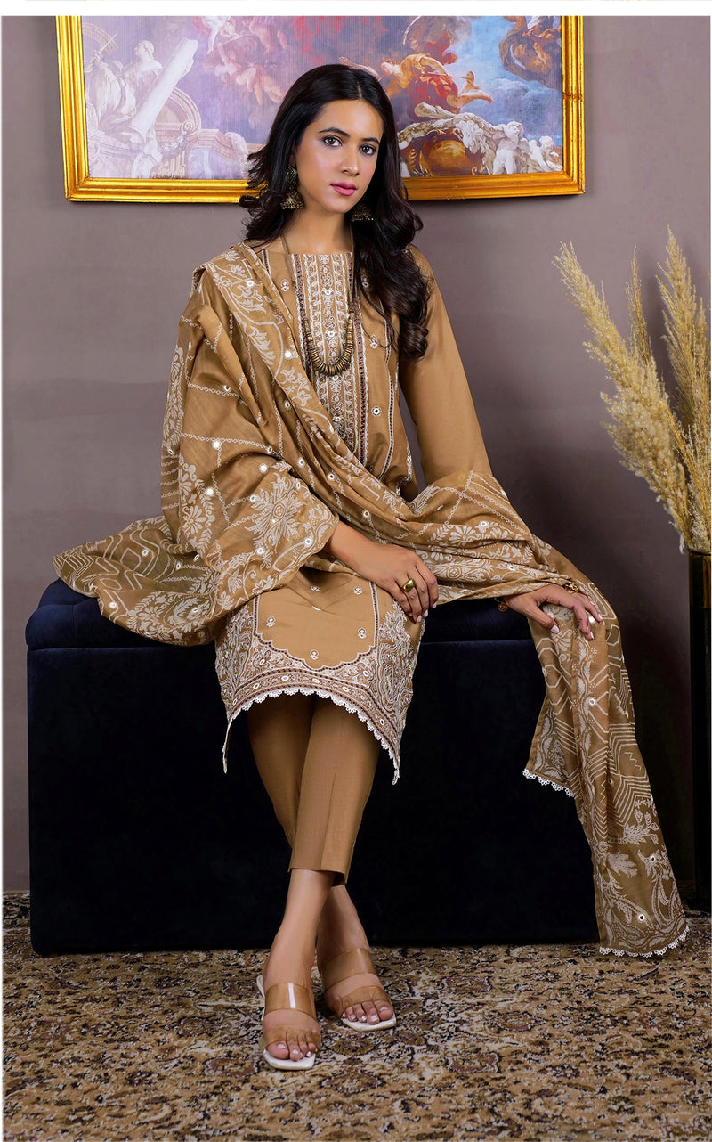 Gulzar Yousaf (GY) Durfishan Vol-20 D#02 – Unstitched Embroidered Lawn 3 Piece Suit | Camel Beige