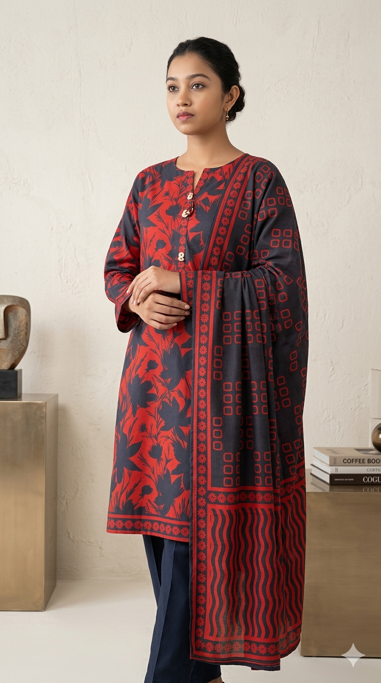 ALKARAM STUDIO  KHADDAR 3PC -READY STITCHED-Black