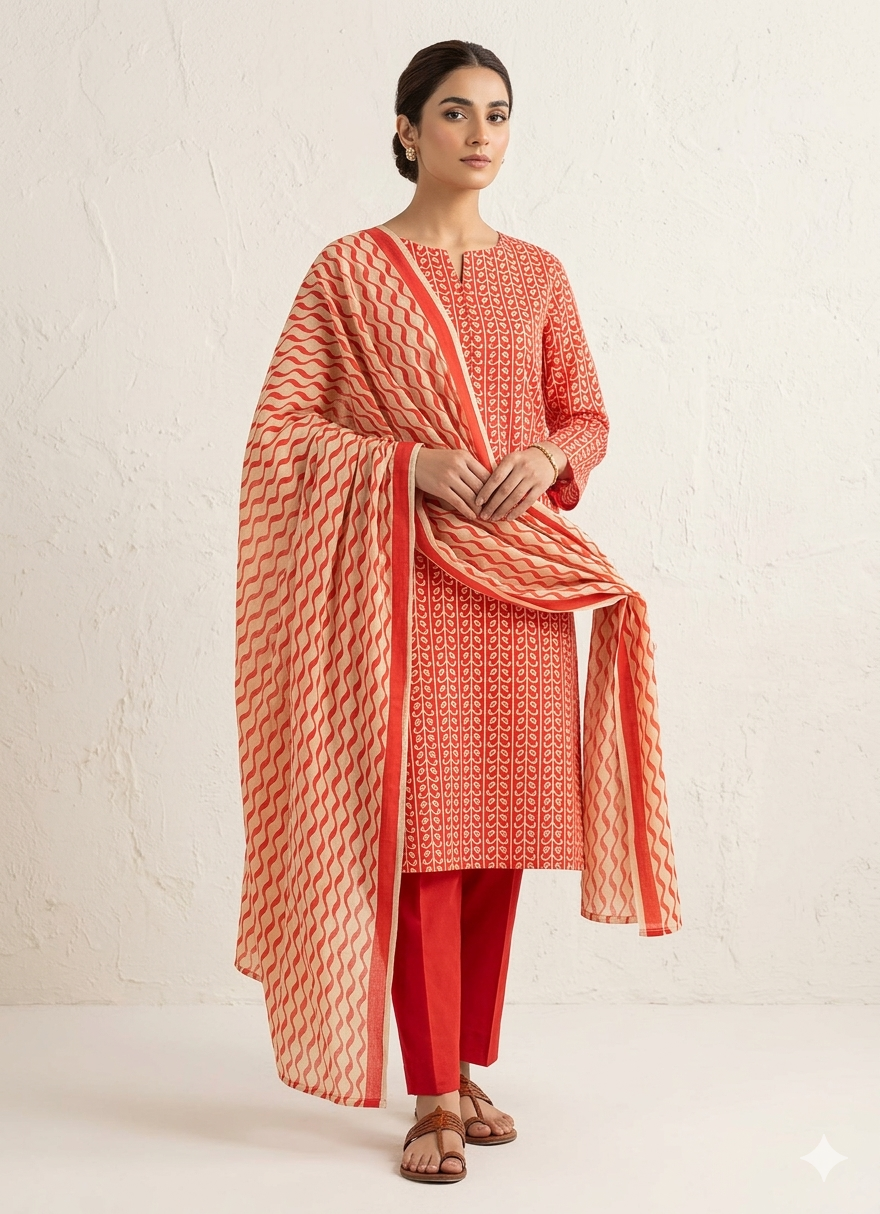 ALKARAM STUDIO  KHADDAR 3PC -READY STITCHED-ORANGE