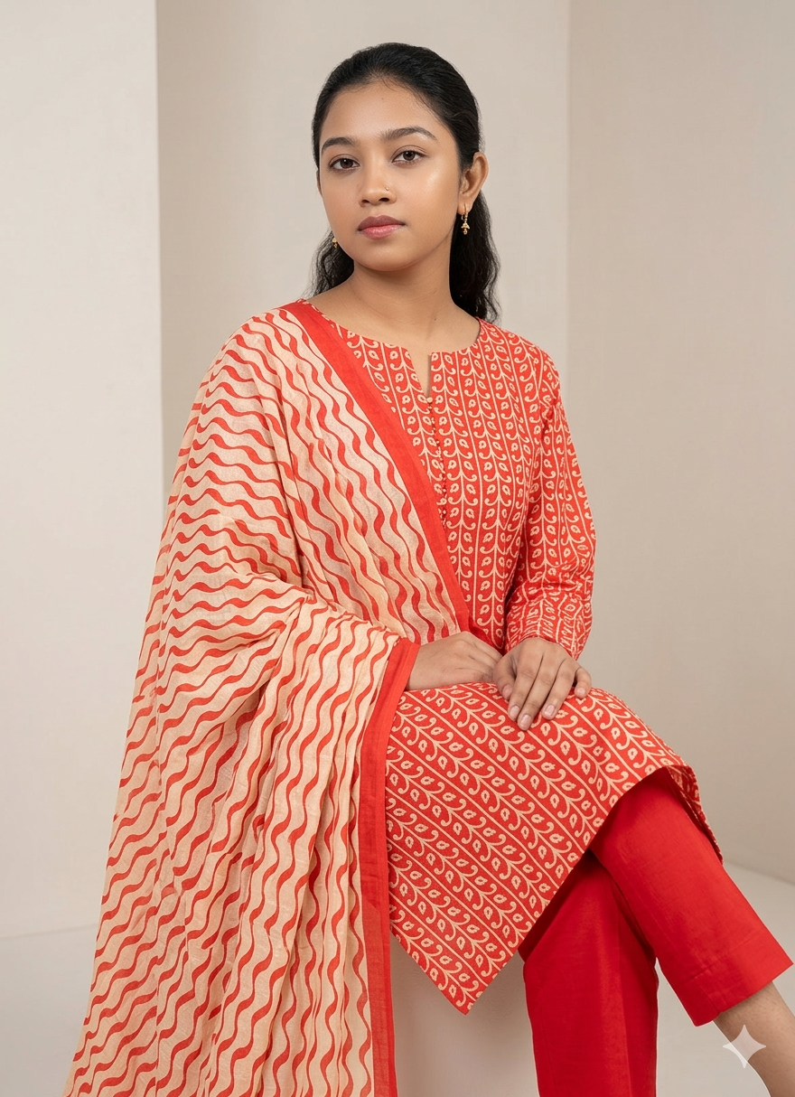 ALKARAM STUDIO  KHADDAR 3PC -READY STITCHED-ORANGE