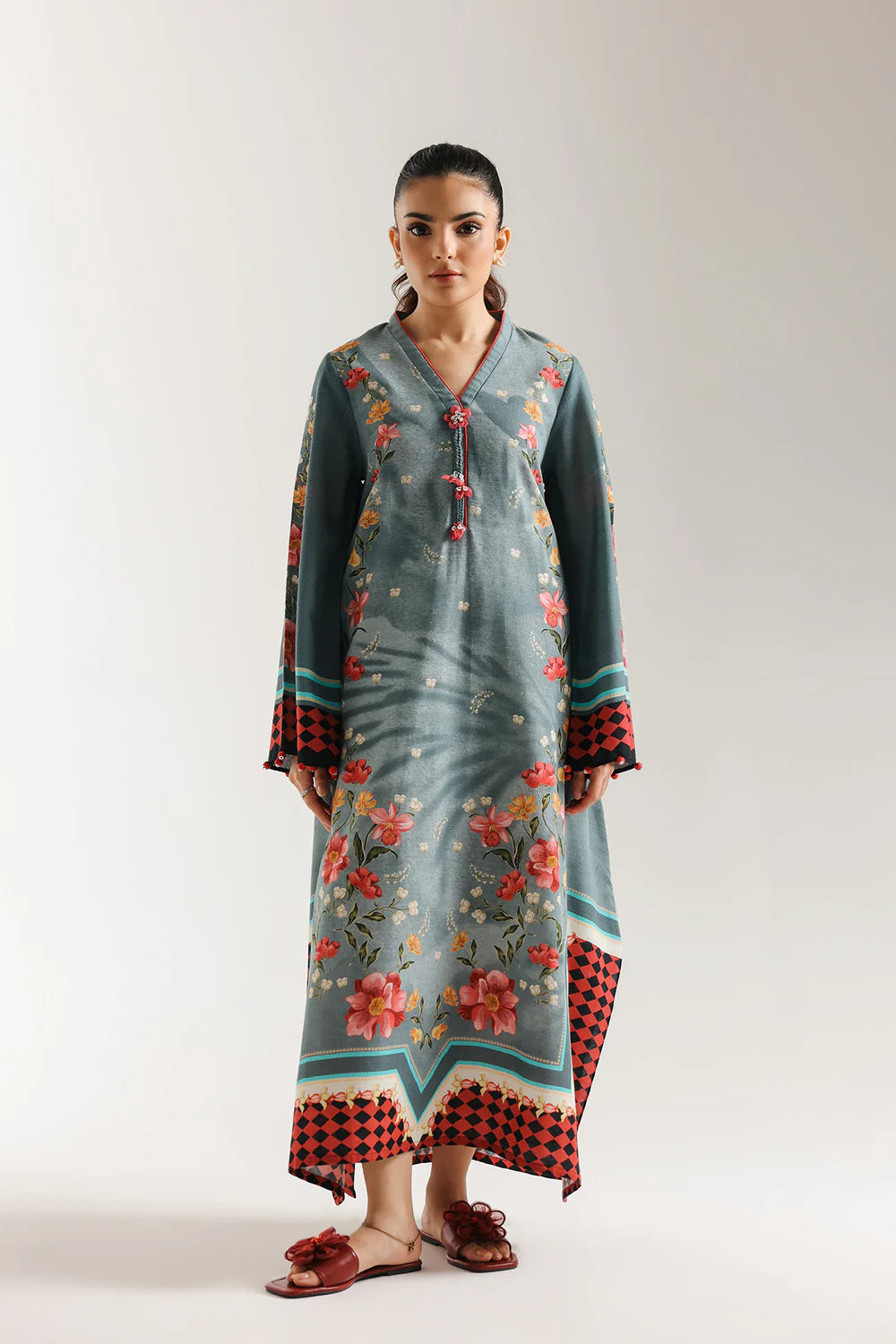 ETHNC-PRINTED SHIRT-AQUA-SKY - LOOSE FIT - V NECK - FLARED SLEEVES - LOW SIDE SLIT - LONG LENGTH