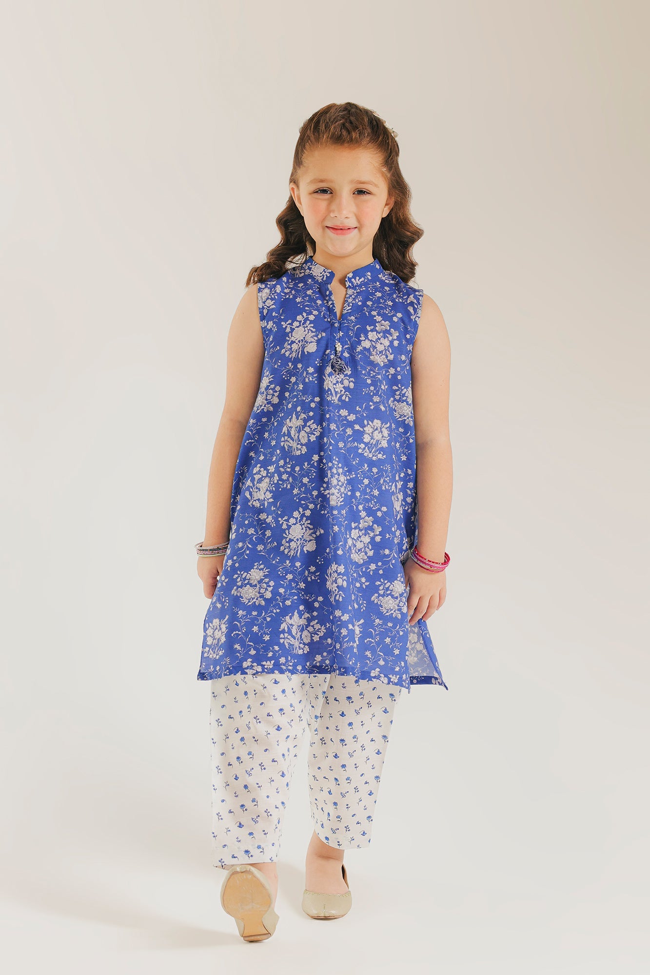 ETHNC Kids Printer  2 pcs Stitched Suit - SHIRT – STRAIGHT FIT - BAN NECK WITH SLIT - SLEEVE LESS REGULAR LENGTH  SHALWAR - STRAIGHT FIT - REGULAR LENGTH-DENIM BLUE