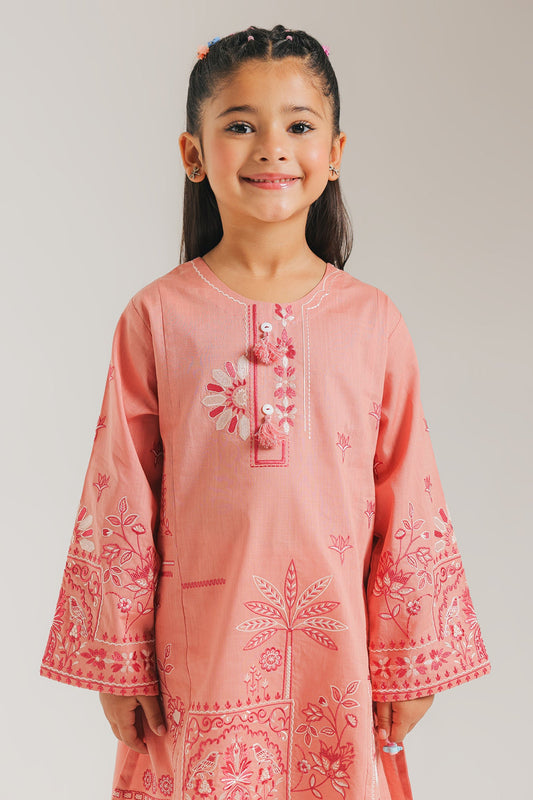 ETHNC Kids Embroidered 2 pcs Stitched Suit - SHIRT – ROUND NECK - FULL SLEEVES - EMBROIDERED - REGULAR LENGTH - SHALWAR - PRINTED - REGULAR LENGTH -CORAL
