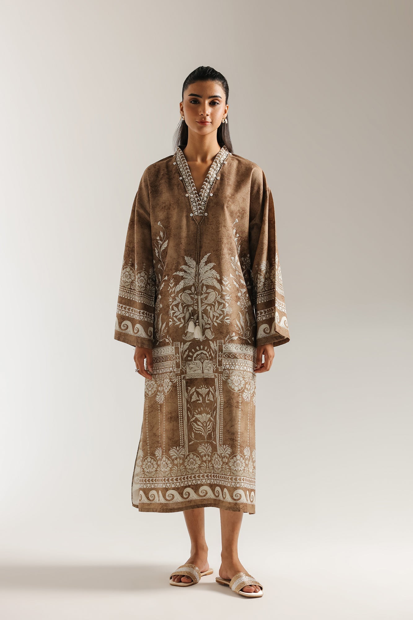 ETHNC -PRINTED DRESS-BEIGE | E6955/102/113