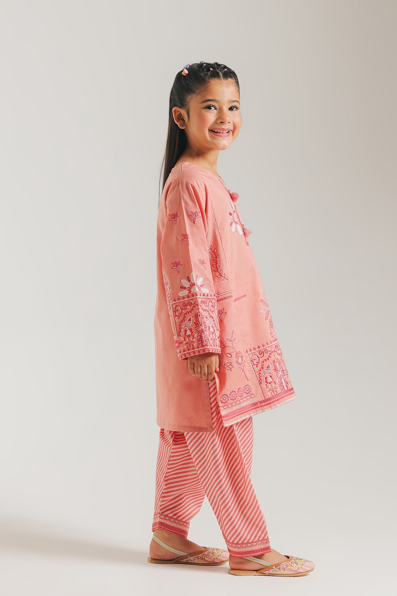 ETHNC Kids Embroidered 2 pcs Stitched Suit - SHIRT – ROUND NECK - FULL SLEEVES - EMBROIDERED - REGULAR LENGTH - SHALWAR - PRINTED - REGULAR LENGTH -CORAL