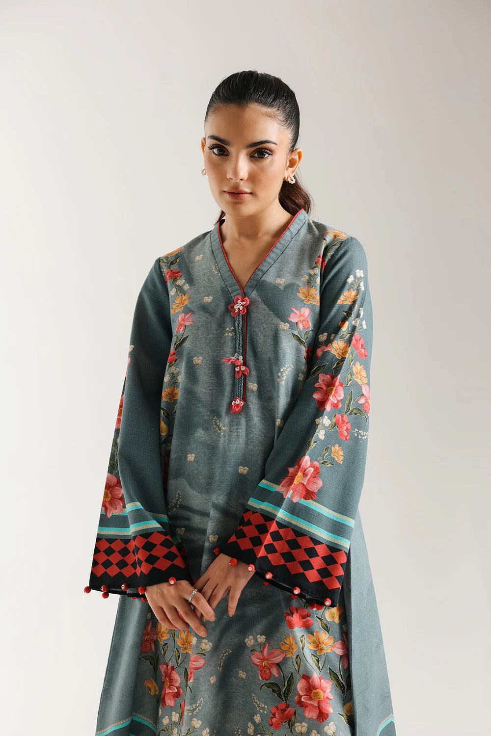 ETHNC-PRINTED SHIRT-AQUA-SKY - LOOSE FIT - V NECK - FLARED SLEEVES - LOW SIDE SLIT - LONG LENGTH