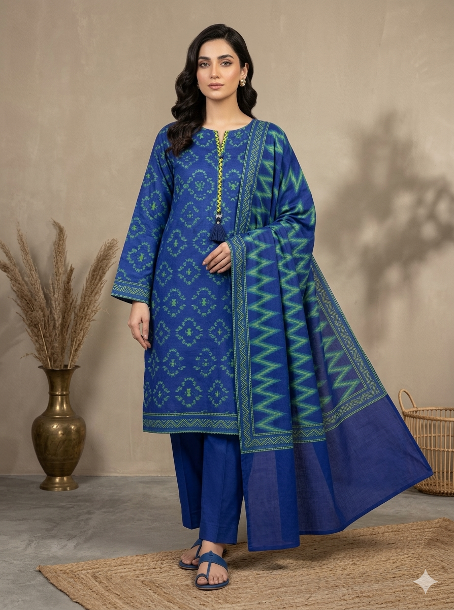 ALKARAM STUDIO  KHADDAR 3PC -READY STITCHED-Royal Blue