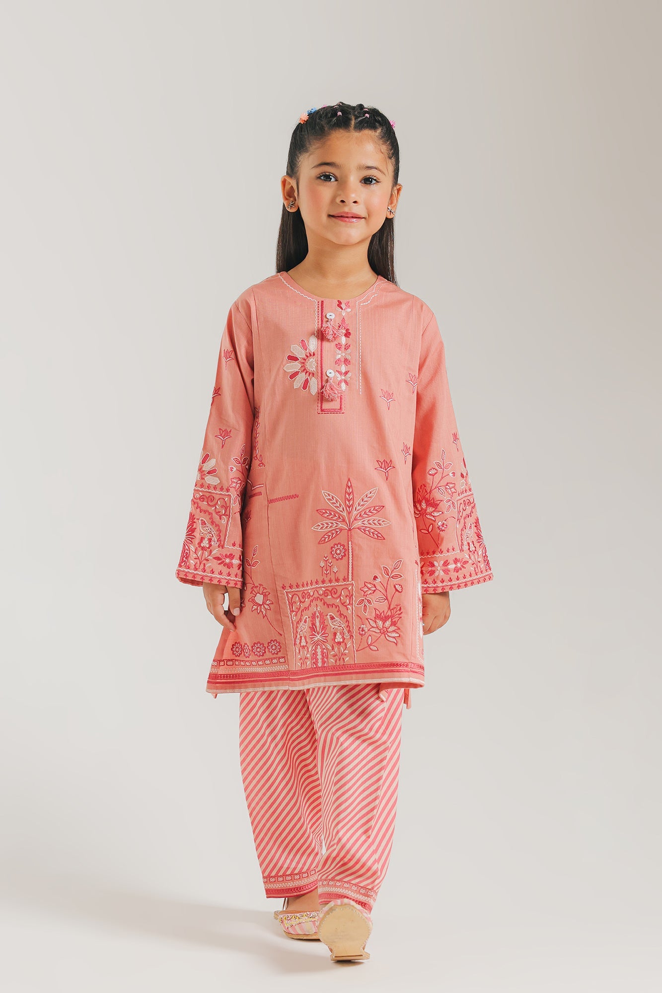 ETHNC Kids Embroidered 2 pcs Stitched Suit - SHIRT – ROUND NECK - FULL SLEEVES - EMBROIDERED - REGULAR LENGTH - SHALWAR - PRINTED - REGULAR LENGTH -CORAL