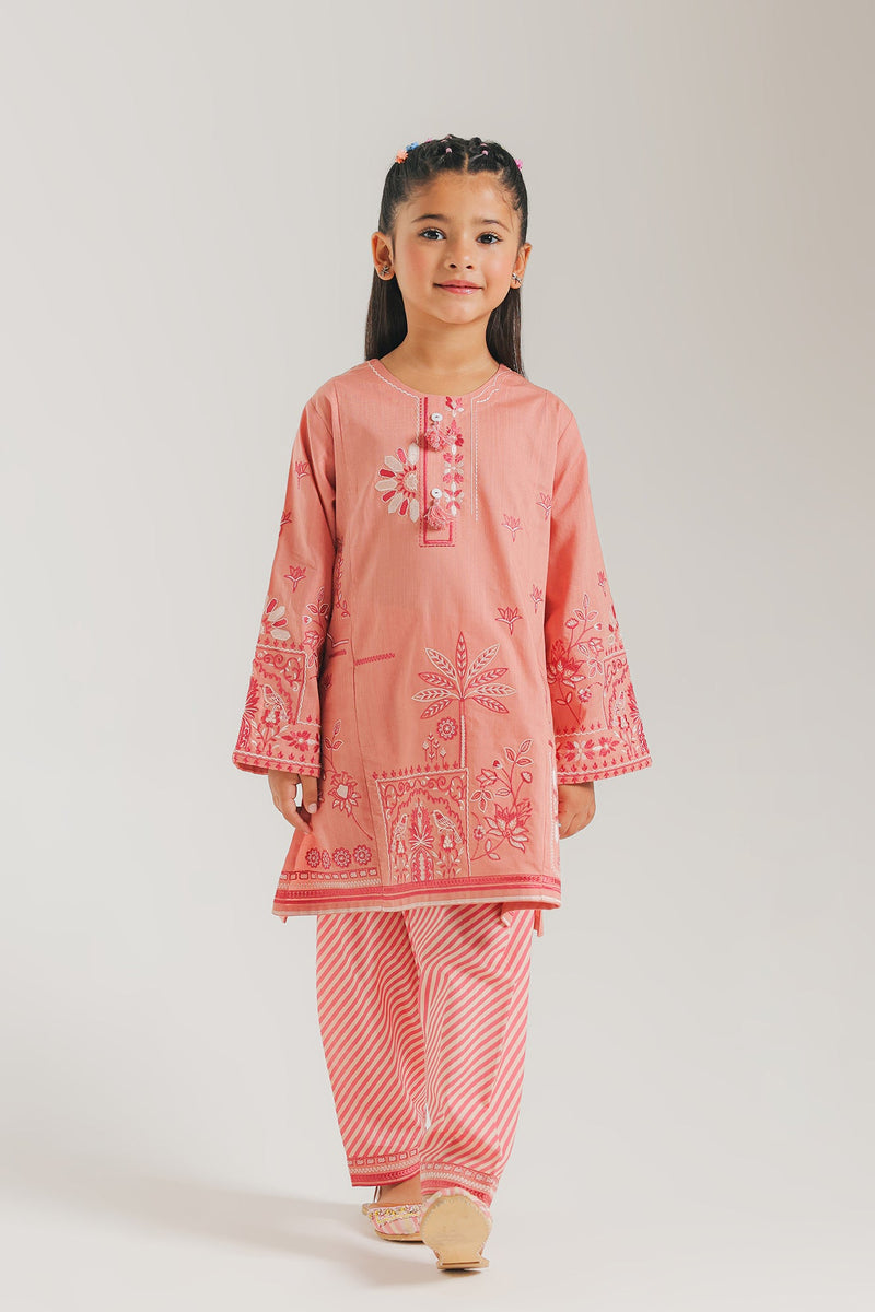 ETHNC Kids Embroidered 2 pcs Stitched Suit - SHIRT – ROUND NECK - FULL SLEEVES - EMBROIDERED - REGULAR LENGTH - SHALWAR - PRINTED - REGULAR LENGTH -CORAL