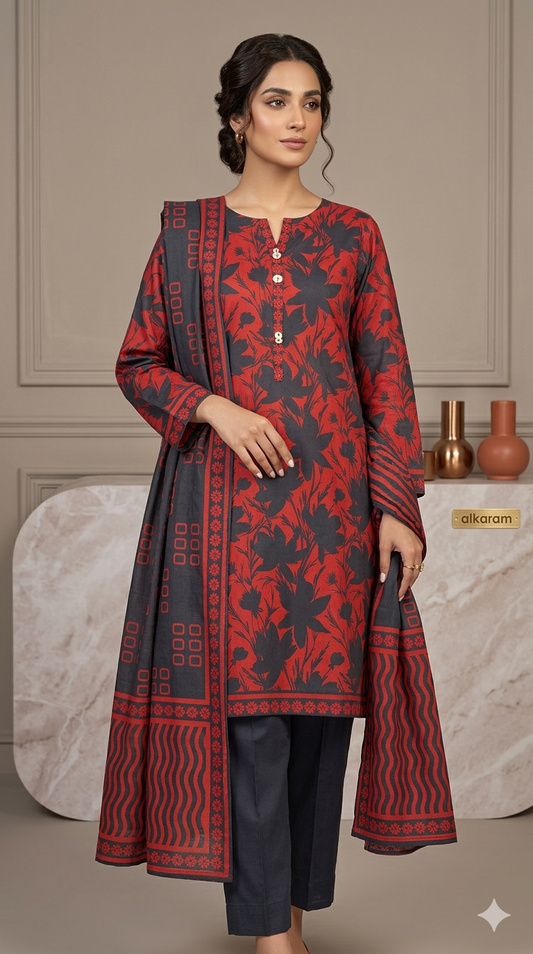 ALKARAM STUDIO  KHADDAR 3PC -READY STITCHED-Black