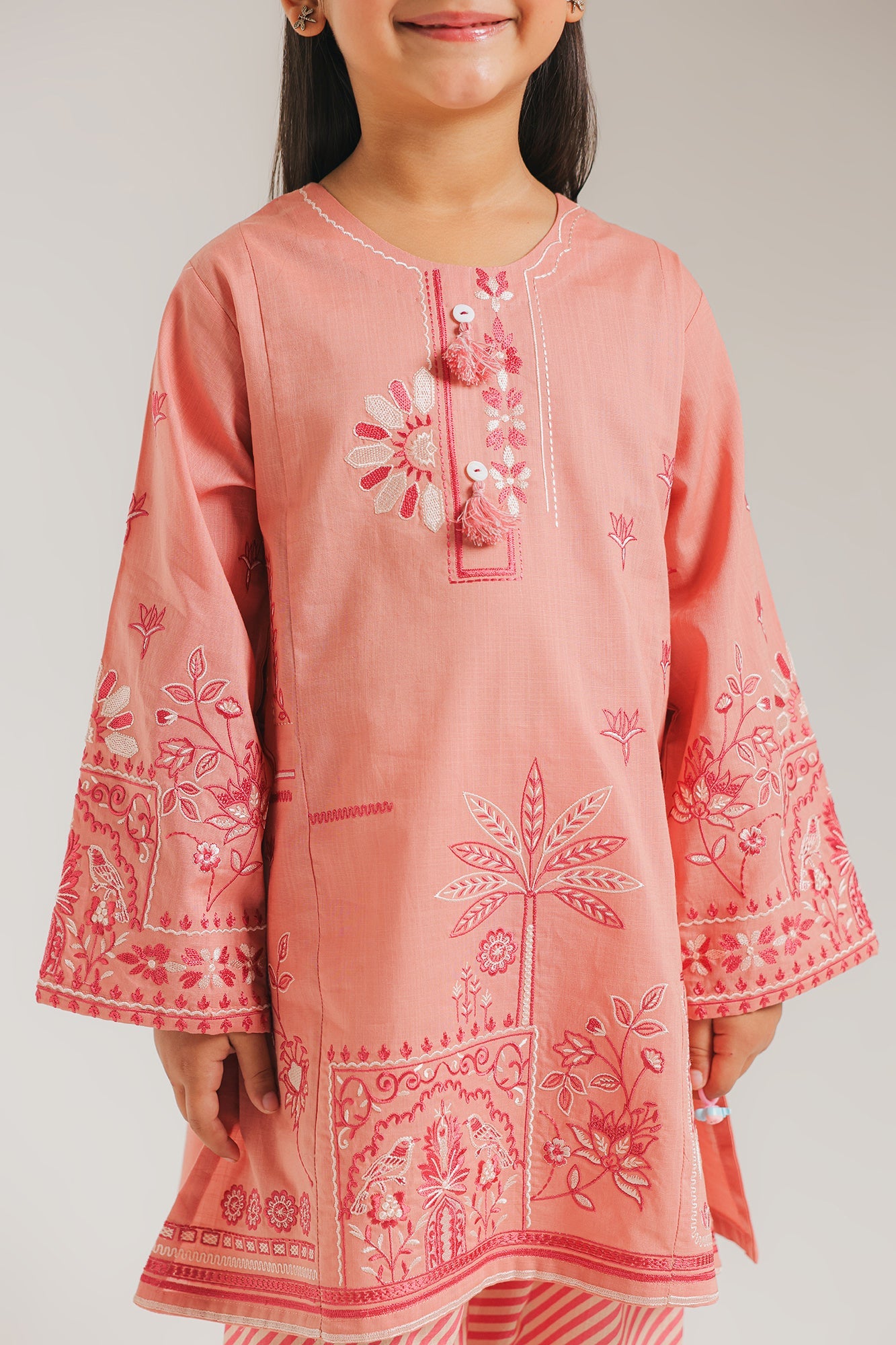 ETHNC Kids Embroidered 2 pcs Stitched Suit - SHIRT – ROUND NECK - FULL SLEEVES - EMBROIDERED - REGULAR LENGTH - SHALWAR - PRINTED - REGULAR LENGTH -CORAL