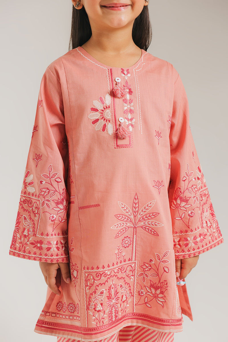 ETHNC Kids Embroidered 2 pcs Stitched Suit - SHIRT – ROUND NECK - FULL SLEEVES - EMBROIDERED - REGULAR LENGTH - SHALWAR - PRINTED - REGULAR LENGTH -CORAL