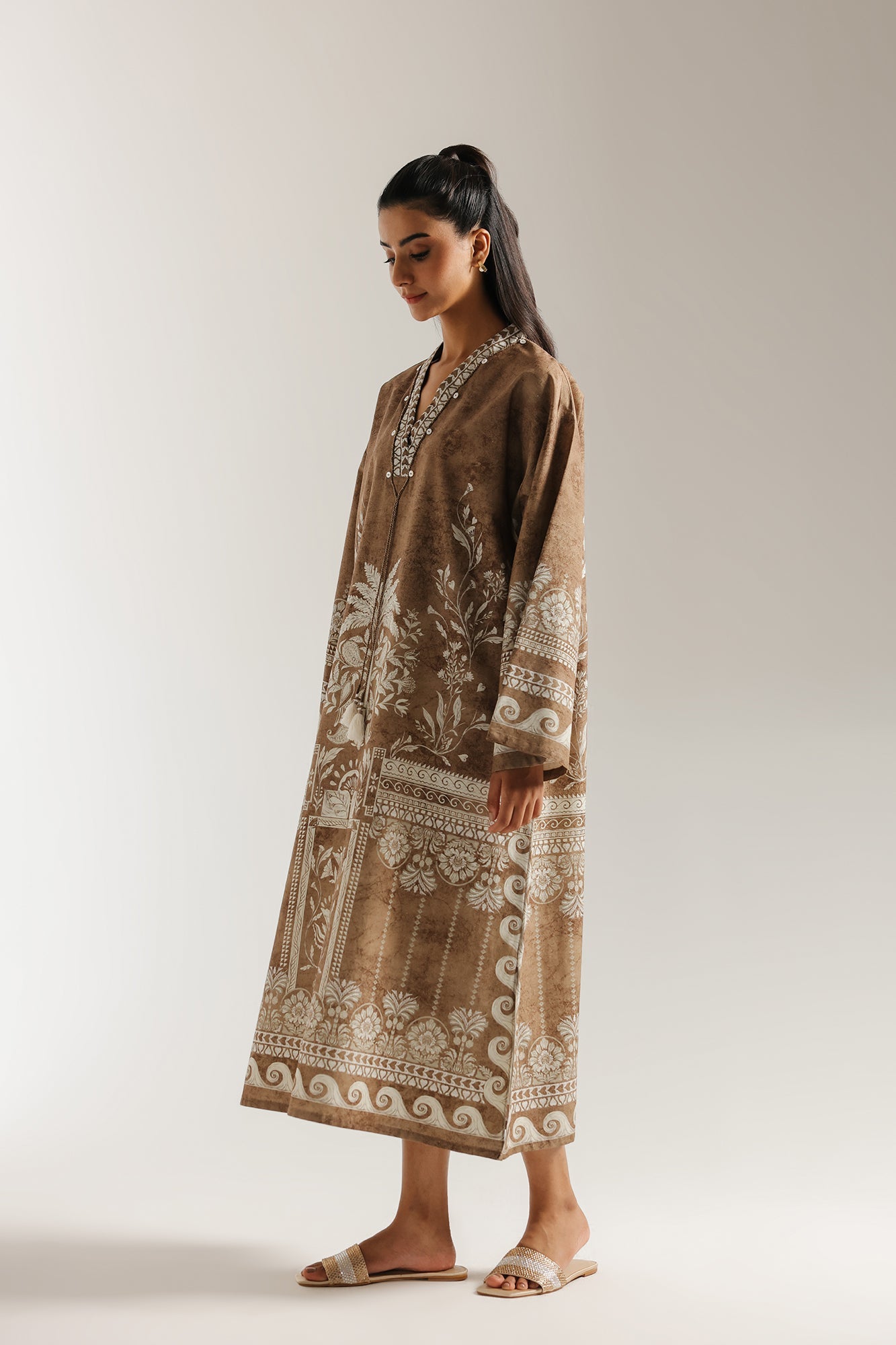 ETHNC -PRINTED DRESS-BEIGE | E6955/102/113
