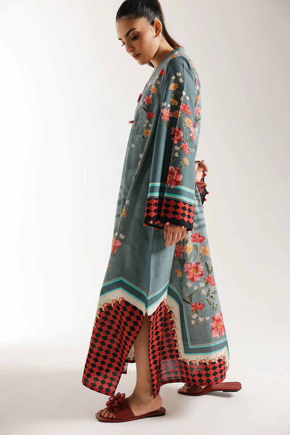 ETHNC-PRINTED SHIRT-AQUA-SKY - LOOSE FIT - V NECK - FLARED SLEEVES - LOW SIDE SLIT - LONG LENGTH