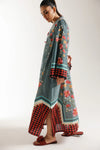 ETHNC-PRINTED SHIRT-AQUA-SKY - LOOSE FIT - V NECK - FLARED SLEEVES - LOW SIDE SLIT - LONG LENGTH