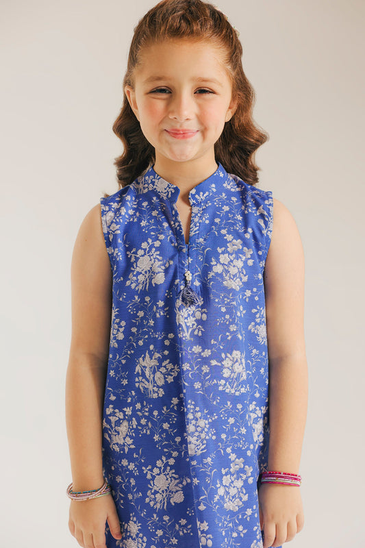 ETHNC Kids Printer  2 pcs Stitched Suit - SHIRT – STRAIGHT FIT - BAN NECK WITH SLIT - SLEEVE LESS REGULAR LENGTH  SHALWAR - STRAIGHT FIT - REGULAR LENGTH-DENIM BLUE