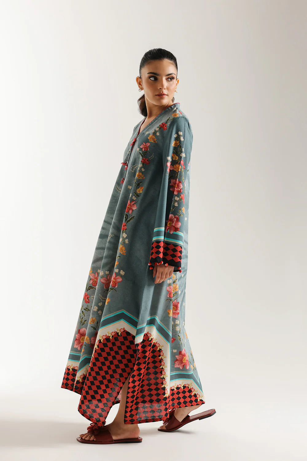 ETHNC-PRINTED SHIRT-AQUA-SKY - LOOSE FIT - V NECK - FLARED SLEEVES - LOW SIDE SLIT - LONG LENGTH