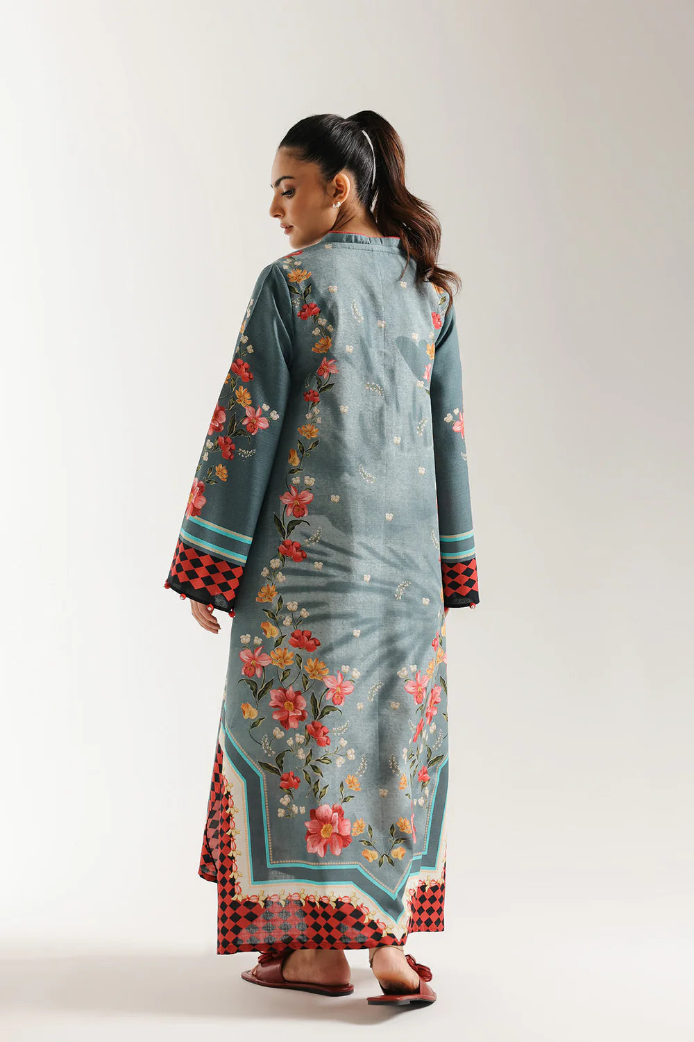 ETHNC-PRINTED SHIRT-AQUA-SKY - LOOSE FIT - V NECK - FLARED SLEEVES - LOW SIDE SLIT - LONG LENGTH