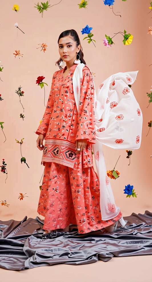 Un-stitched 3-piece embroidered lawn By Gulzar Yousaf Volume-Gull Bareen (Coral Pink)