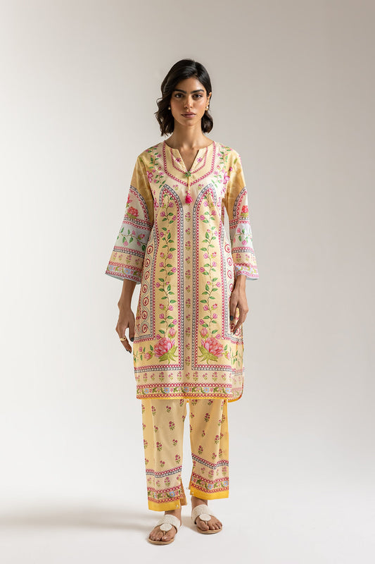 ETHNC-PRINTED SUIT-Yellow Beige | RELAXED -FIT KURTA -SHALWAR –  STRAIGHT FIT