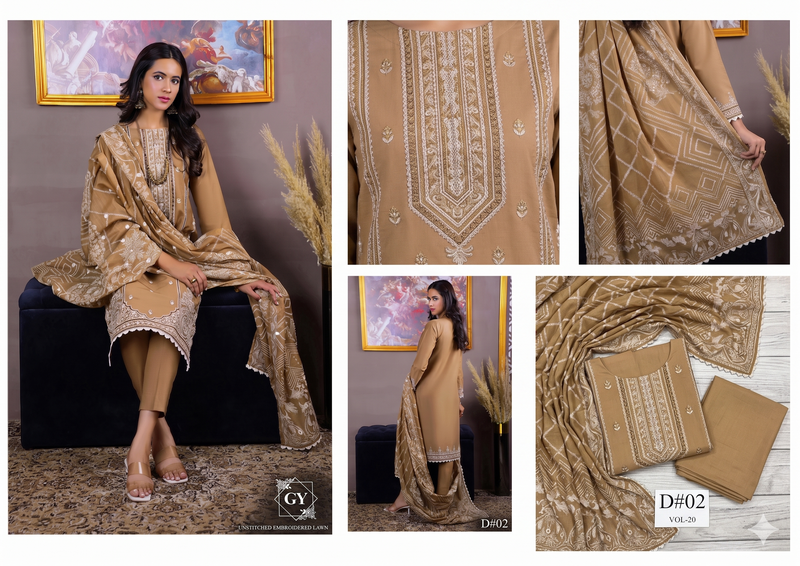 Gulzar Yousaf (GY) Durfishan Vol-20 D#02 – Unstitched Embroidered Lawn 3 Piece Suit | Camel Beige