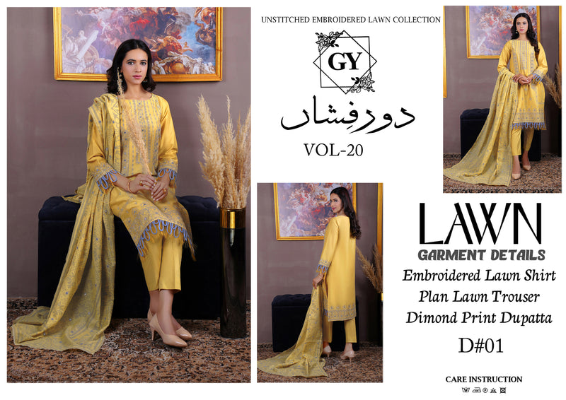 Gulzar Yousaf (GY) Durfishan Vol-20 D#01 – Unstitched Embroidered Lawn 3 Piece Suit | Mustard Yellow