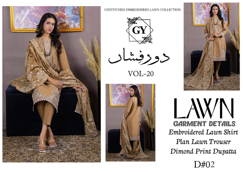 Gulzar Yousaf (GY) Durfishan Vol-20 D#02 – Unstitched Embroidered Lawn 3 Piece Suit | Camel Beige