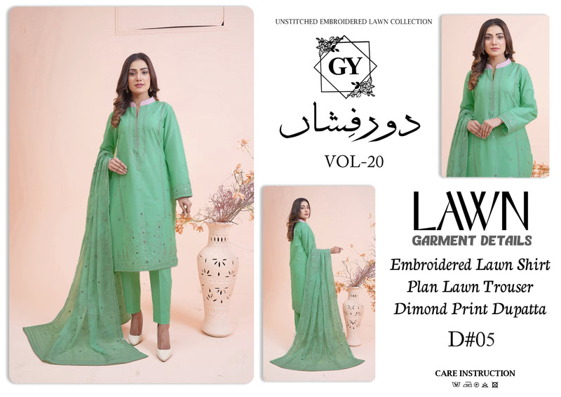 Gulzar Yousaf (GY) Durfishan Vol-20 D#05 – Unstitched Embroidered Lawn 3 Piece Suit | Mint Green