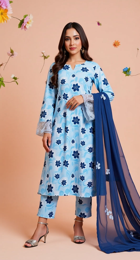 Un-stitched 3-piece embroidered lawn suit from the "گل بریں: Gol Bareen " By Gulzar Yousaf (Light Blue Floral)