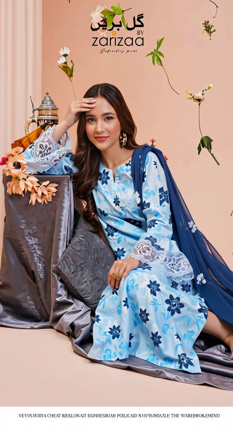 Un-stitched 3-piece embroidered lawn suit from the "گل بریں: Gol Bareen " By Gulzar Yousaf (Light Blue Floral)