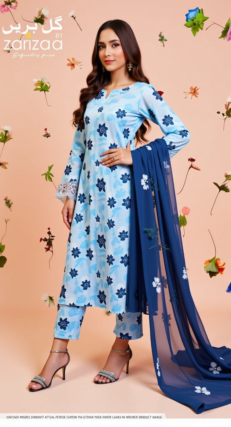 Un-stitched 3-piece embroidered lawn suit from the "گل بریں: Gol Bareen " By Gulzar Yousaf (Light Blue Floral)