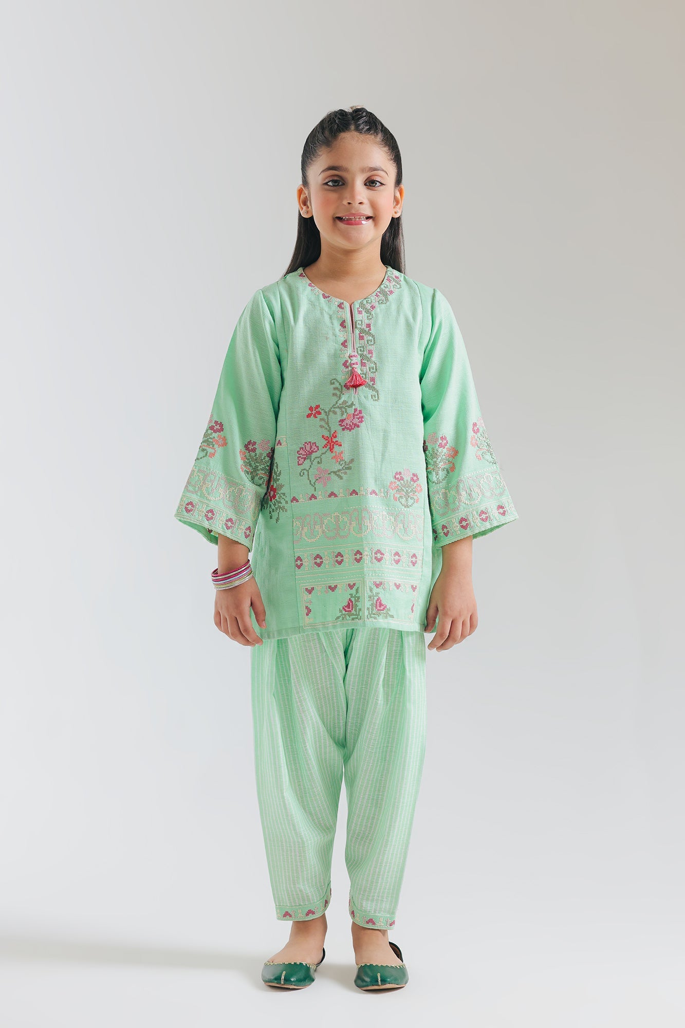 ETHNC KIDS-EMBROIDERED SUIT-DULL GREEN | E1518/402/718 E1518/302/718