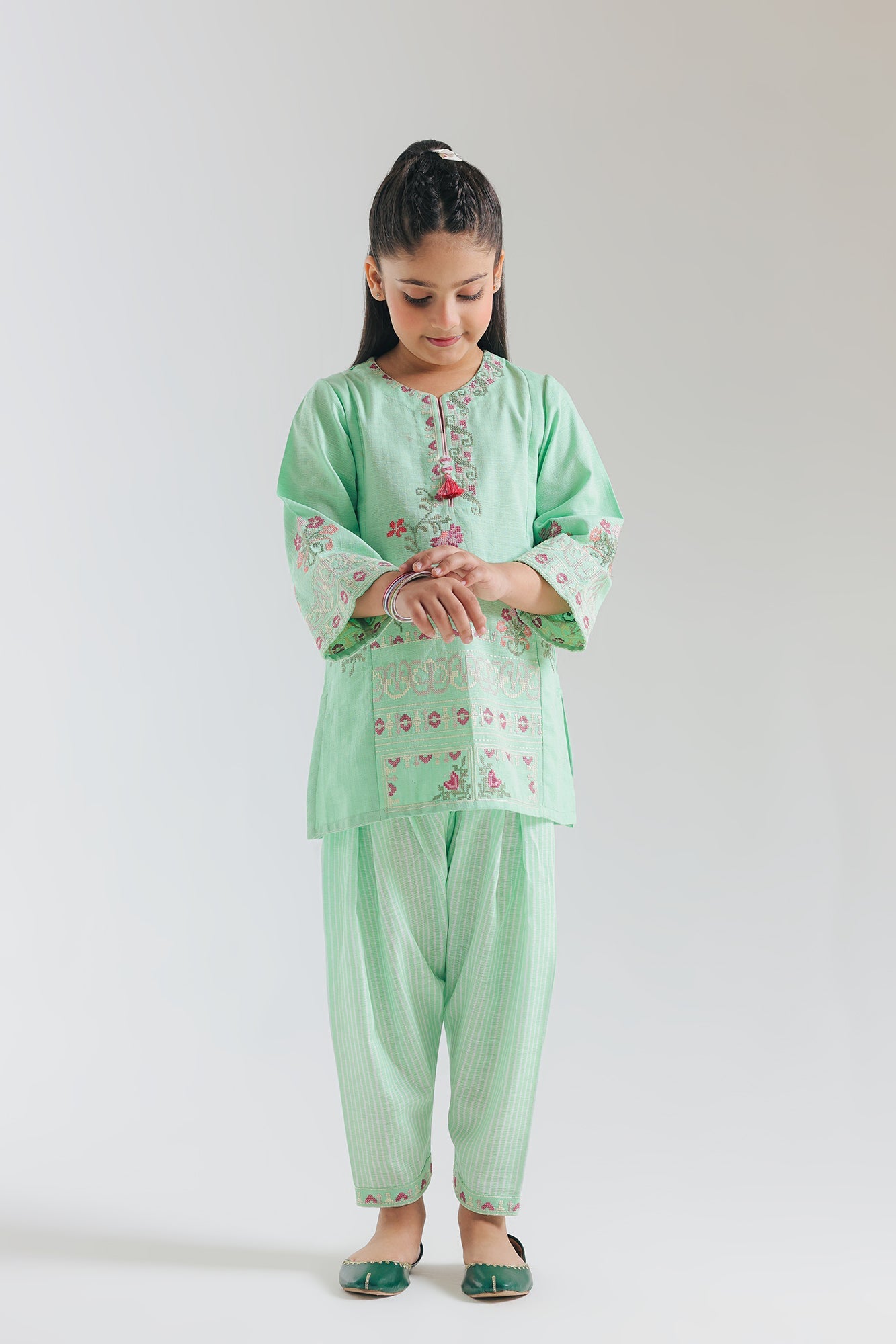 ETHNC KIDS-EMBROIDERED SUIT-DULL GREEN | E1518/402/718 E1518/302/718