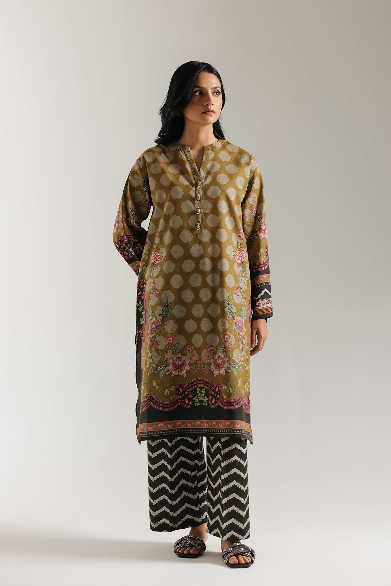 ETHNC Dark Olive Printed 2-Piece Suit | Ban Neck Kurti & Culotte Trouser