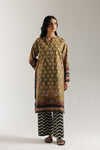 ETHNC Dark Olive Printed 2-Piece Suit | Ban Neck Kurti & Culotte Trouser