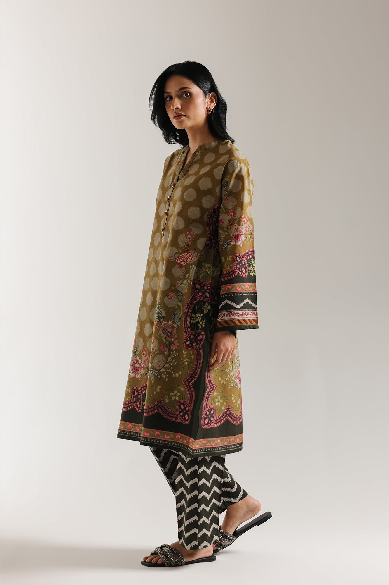 ETHNC Dark Olive Printed 2-Piece Suit | Ban Neck Kurti & Culotte Trouser