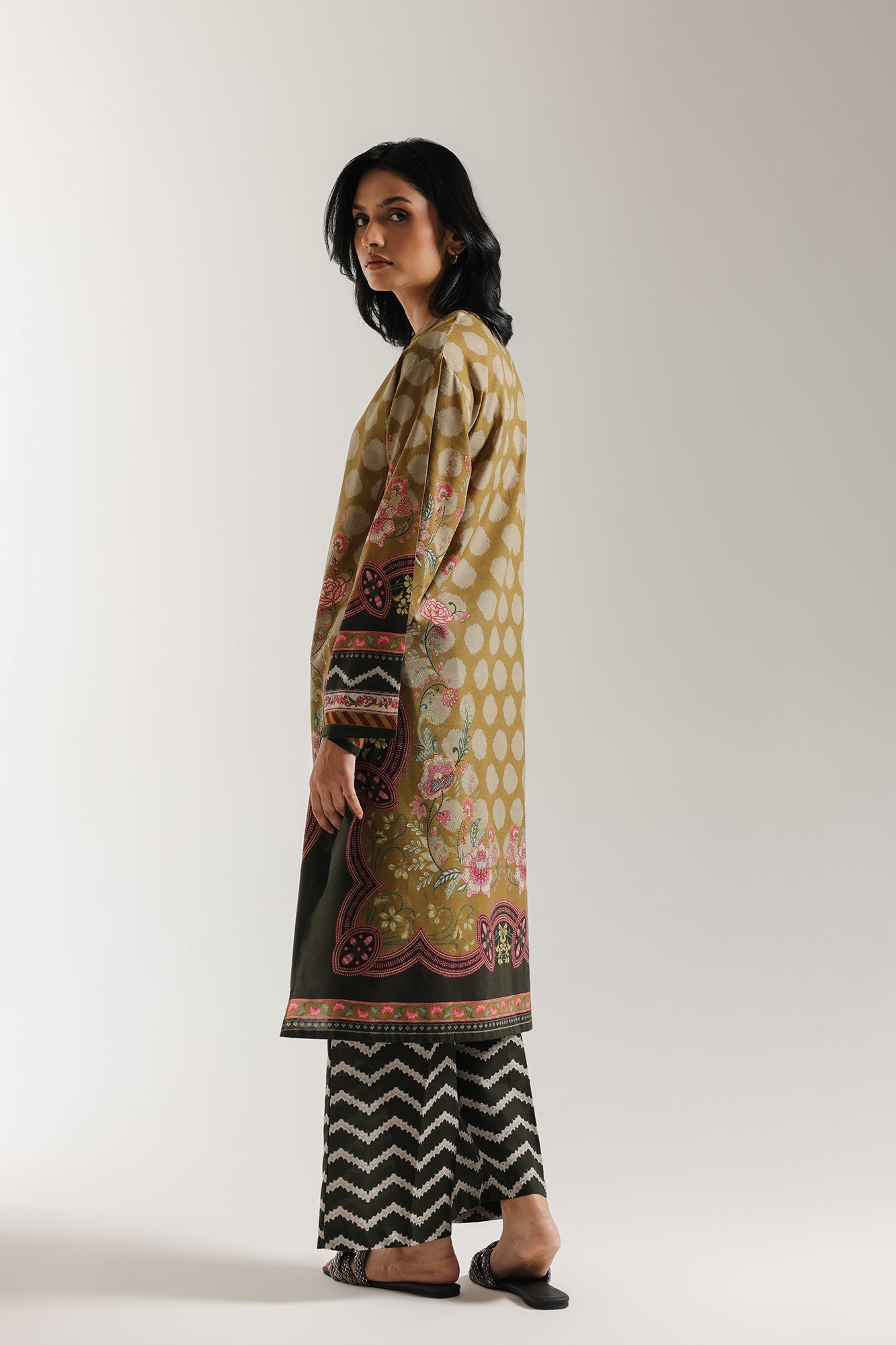 ETHNC Dark Olive Printed 2-Piece Suit | Ban Neck Kurti & Culotte Trouser