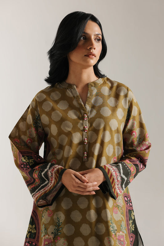 ETHNC Dark Olive Printed 2-Piece Suit | Ban Neck Kurti & Culotte Trouser