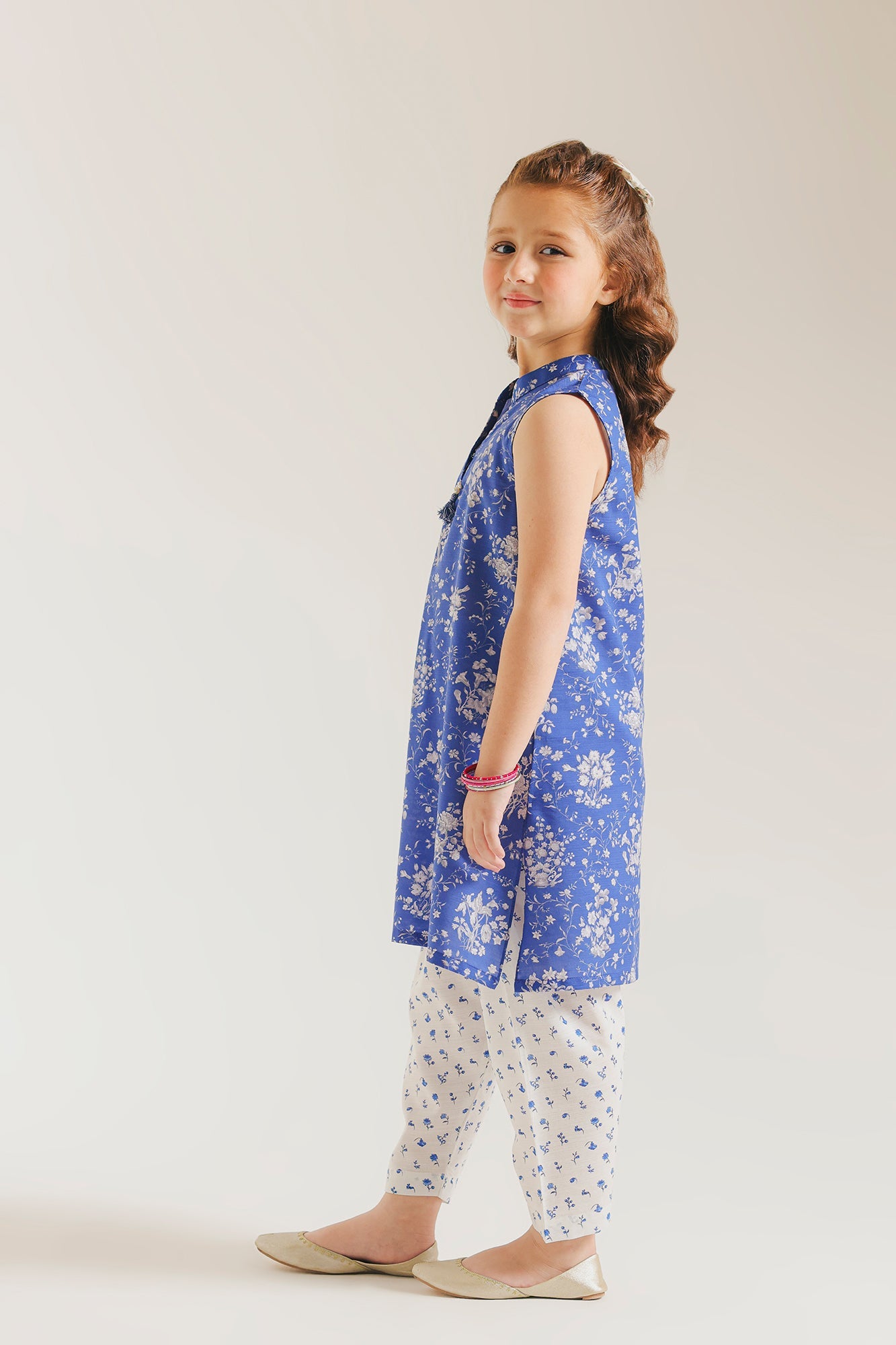 ETHNC Kids Printer  2 pcs Stitched Suit - SHIRT – STRAIGHT FIT - BAN NECK WITH SLIT - SLEEVE LESS REGULAR LENGTH  SHALWAR - STRAIGHT FIT - REGULAR LENGTH-DENIM BLUE