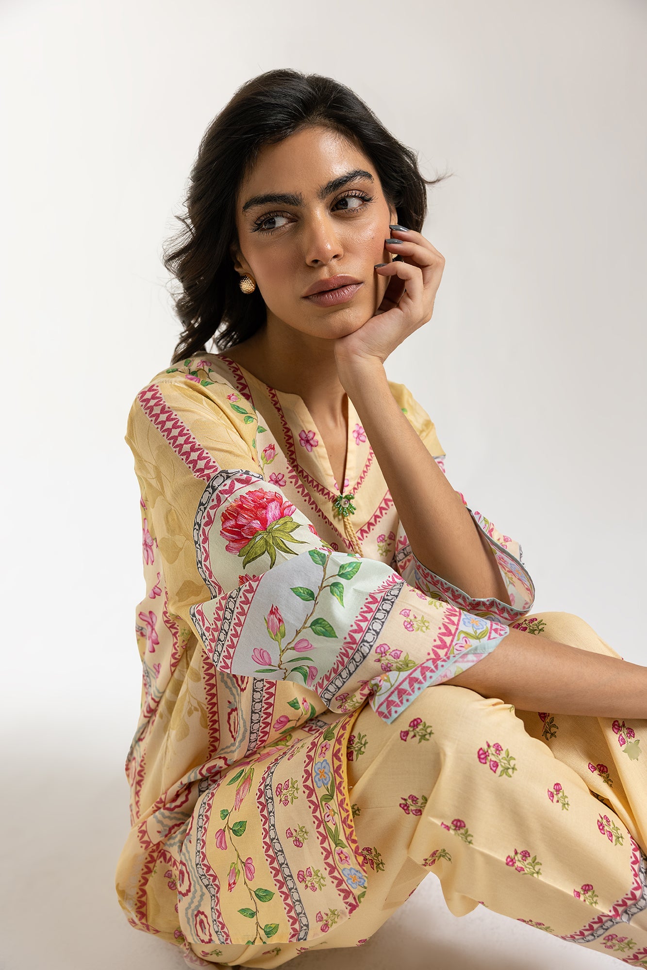 ETHNC-PRINTED SUIT-Yellow Beige | RELAXED -FIT KURTA -SHALWAR –  STRAIGHT FIT