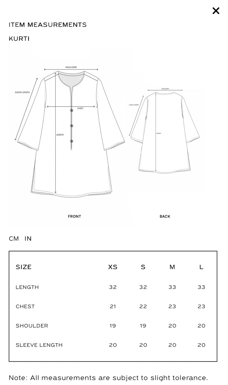 ETHNC-PRINTED KURTI-VANILLA ICE |
SHIRT - A LINE FIT - BAN NECK WITH SLIT - FLARED SLEEVES - SHORT LENGTH