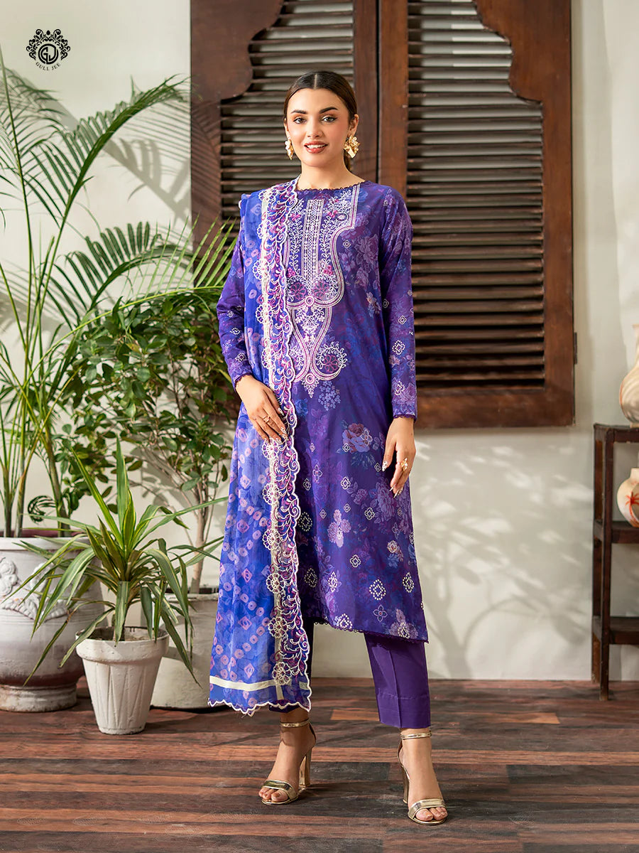 Woman wearing a purple embroidered outfit standing in a room with plants and wooden furniture.