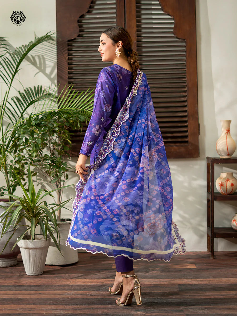 Woman in a blue and purple traditional outfit standing indoors with plants and a wooden shelf in the background.