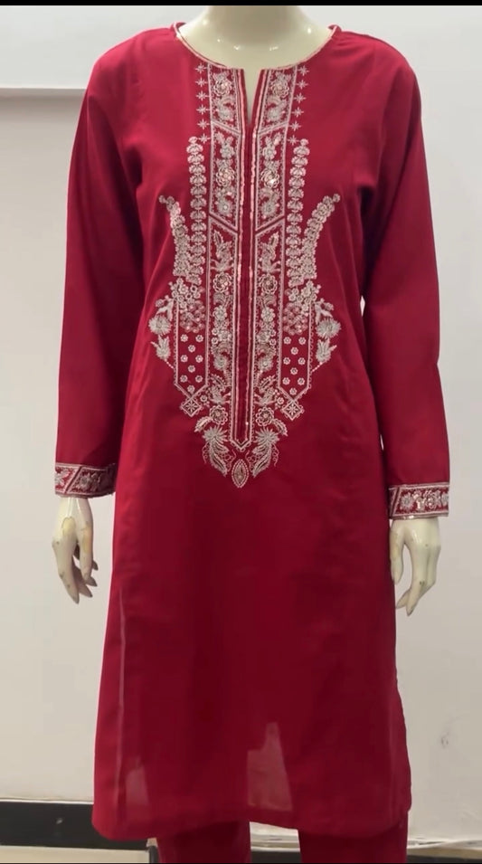Khaadi Embroidered | Cambric Tailored 2 Piece | Top and Bottom - RED