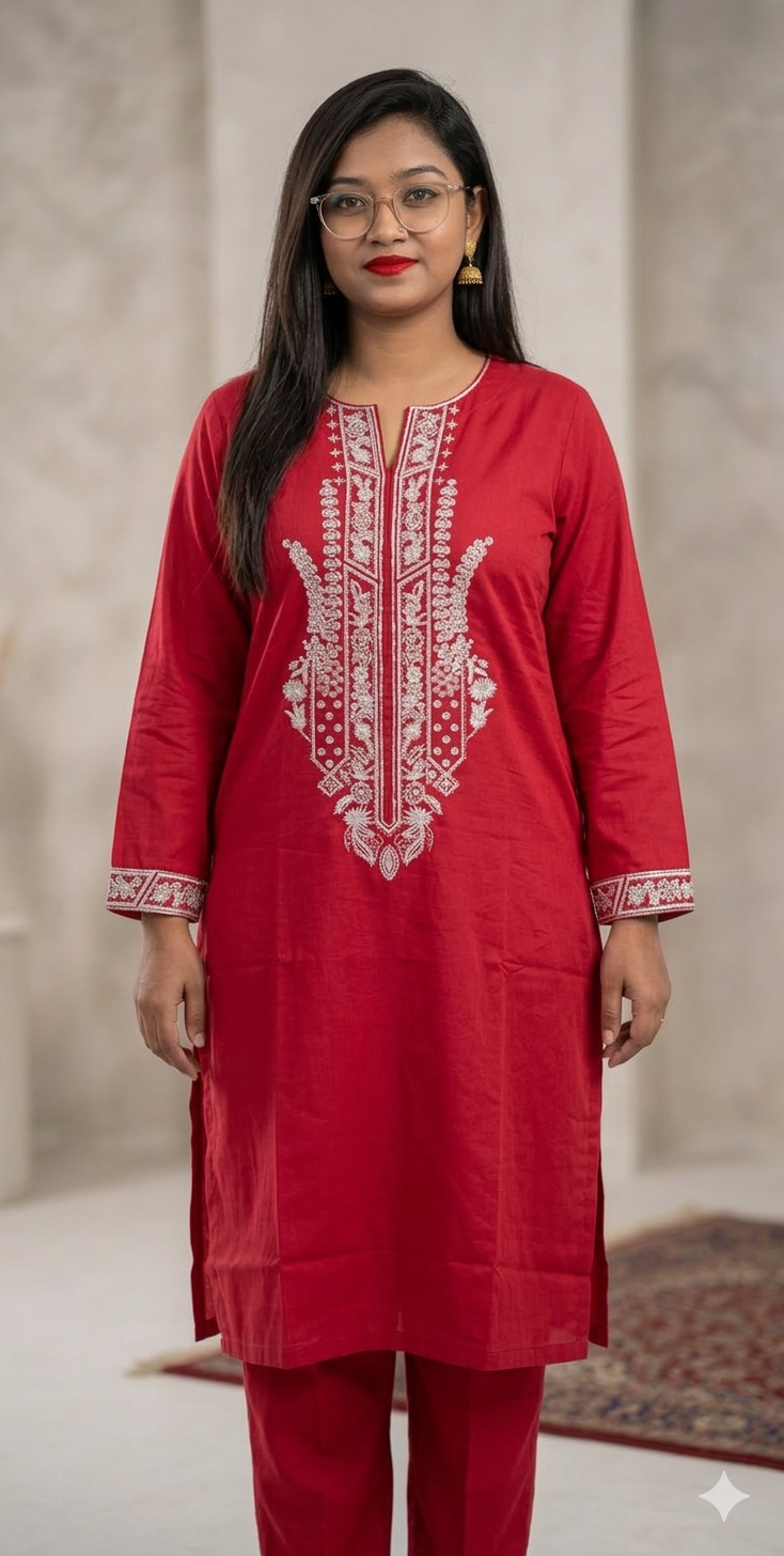 Khaadi Embroidered | Cambric Tailored 2 Piece | Top and Bottom - RED