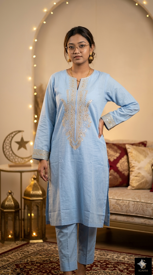 Khaadi Embroidered | Cambric Tailored 2 Piece | Top and Bottom- SKY BLUE
